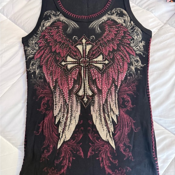 Vocal Black and Burgundy Winged Cross Tank Top - Picture 9 of 9